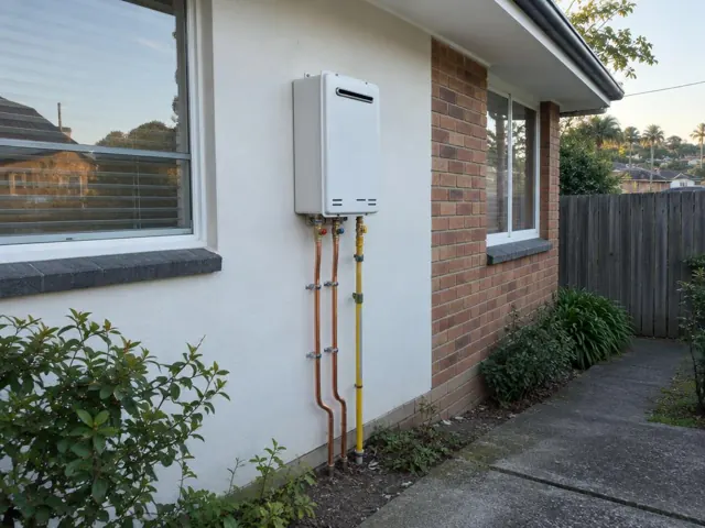 Outdoor hot water unit mounted on a house wall with copper and gas pipes in a brick and rendered exterior in Seaforth