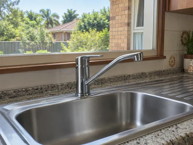 Chrome mixer tap over stainless kitchen sink and speckled bench by a window in Manly Vale